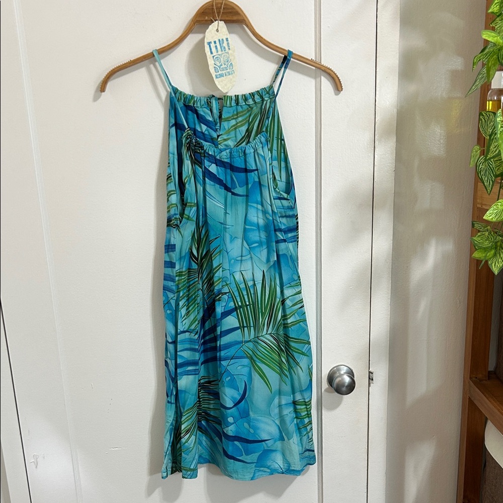 Hilo Hatties Vintage Rayon Tropical Blue and Green L Sundress Made in Hawaii